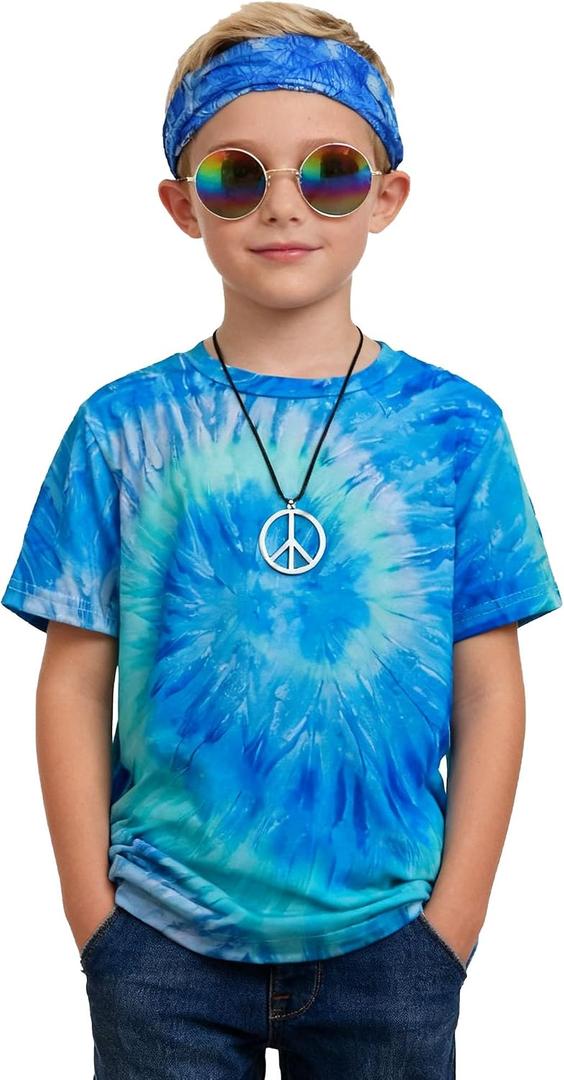 Retro 60s 70s Hippie Boys Costume Set 4Pcs Disco Party Outfit with Tie-Dye Shirt, Peace Necklace for Kids Medium