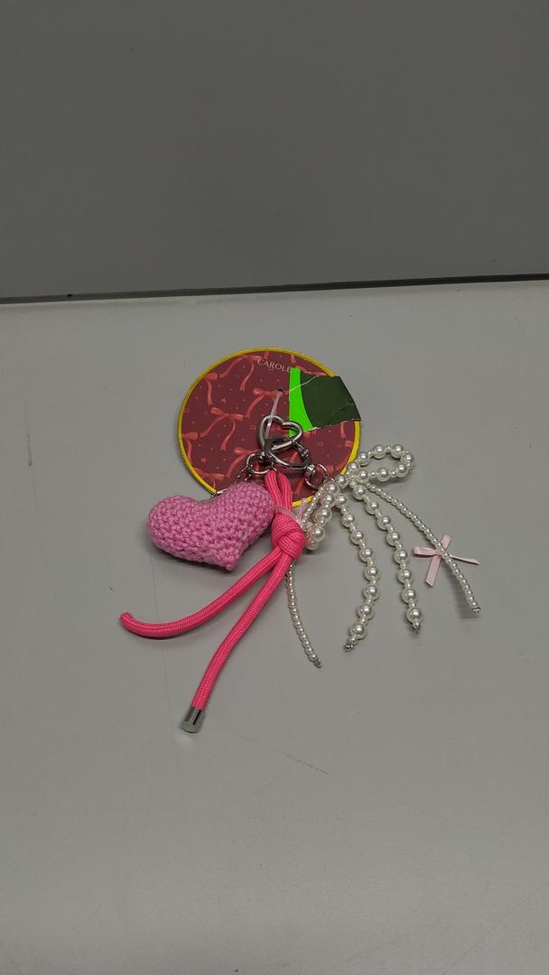Crochet Heart And Pearl Bow Keychain