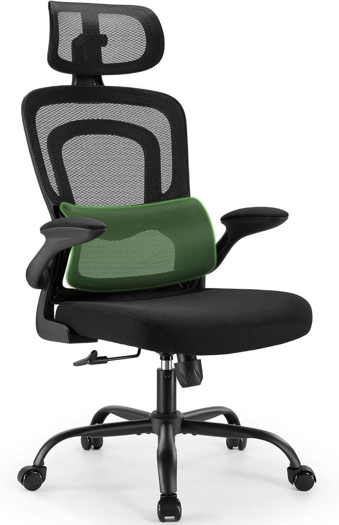 Marsail Office Chair Ergonomic-Desk Chair: High Back Mesh Office Chair with Lumbar Support,Flip-Up Armrests&2D Headrest,Gaming Chair with Rocking Tilt, Swivel Computer Task Chair for Long Hours (Black)