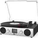 Record Player with Built-in Speakers, Belt-Driven Turntable with FM Radio & Bluetooth Receiver, 3-Speed Vinyl Player with USB Recording, RCA Line Out, AUX in & Auto Stop, Silver Black