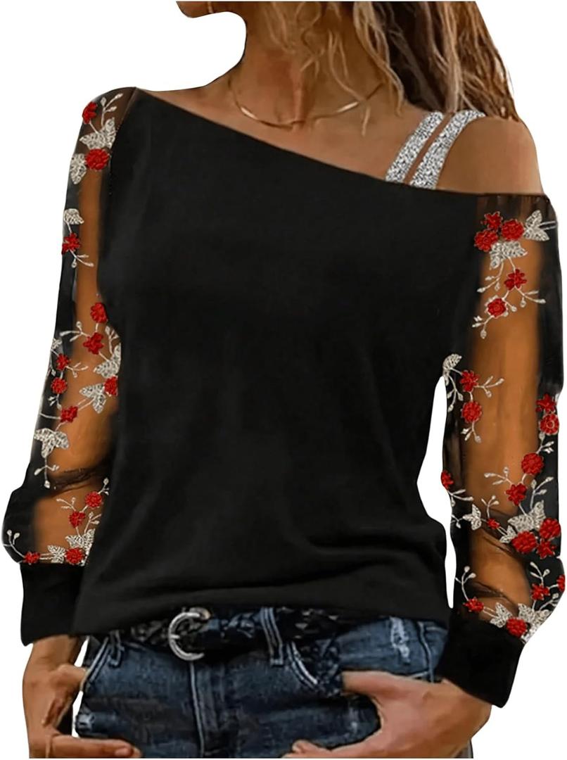 SOLY HUX Women's Floral Embroidery Mesh T Shirt Cold Shoulder Long Sleeve Asymmetrical Neck Tee Tops (Black and Red Floral)