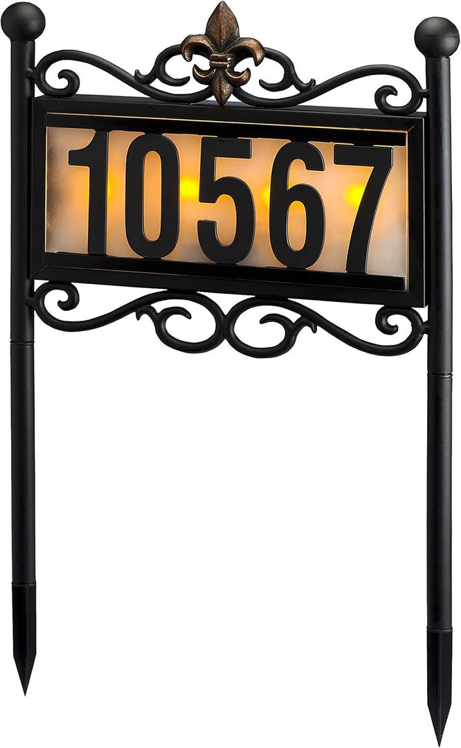 Natures Mark Solar Power Lighted House Numbers Address Stake Sign - LED Illuminated Outdoor Metal Light Up House Number Sign Decor for Home Yard Street (Metal Stake)