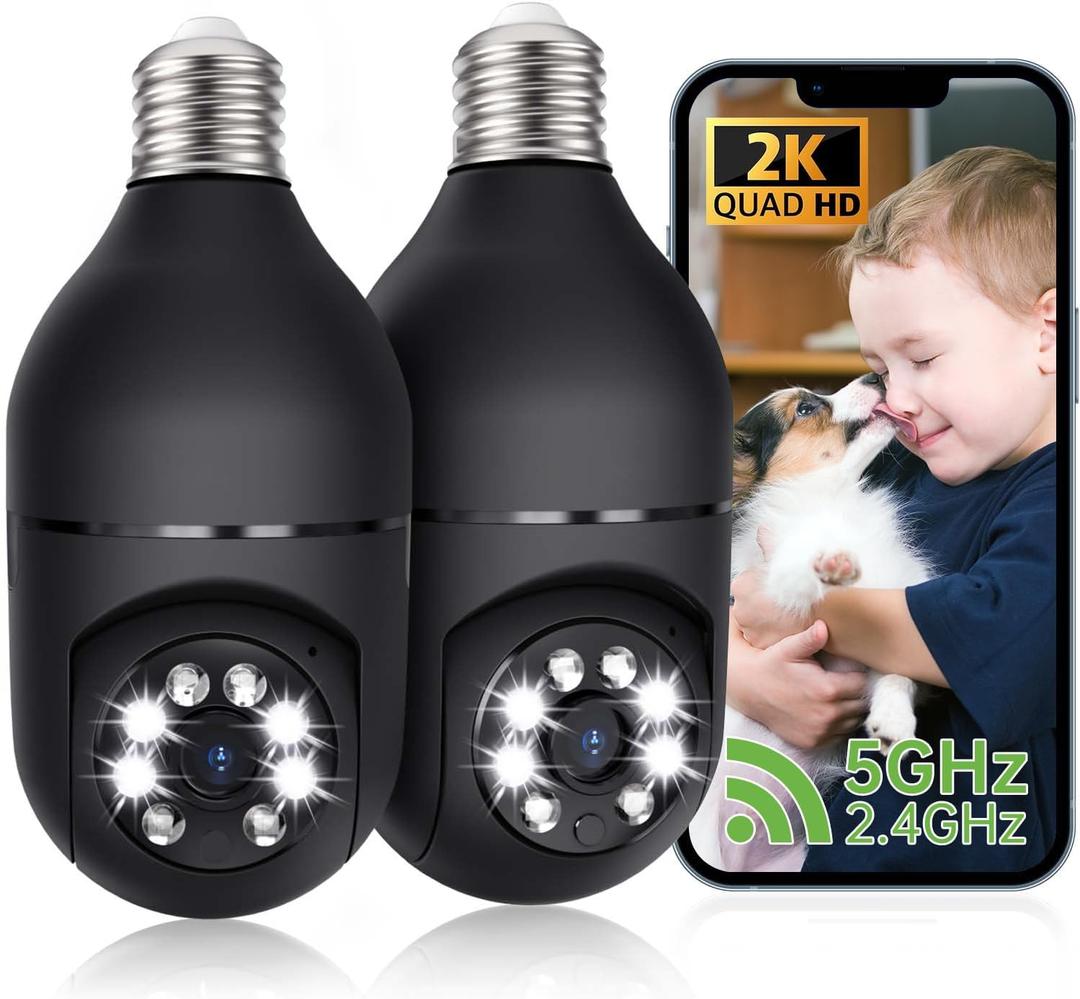 2K Light Bulb Security Camera, 2.4/5GHz Wi-Fi 6 Security Cameras Wireless Outdoor, 360 PTZ Cameras for Home Security with Color Night Vision, AI Human Detection, 2 Way Talk, Easy Installation, 2 Pack (Black)