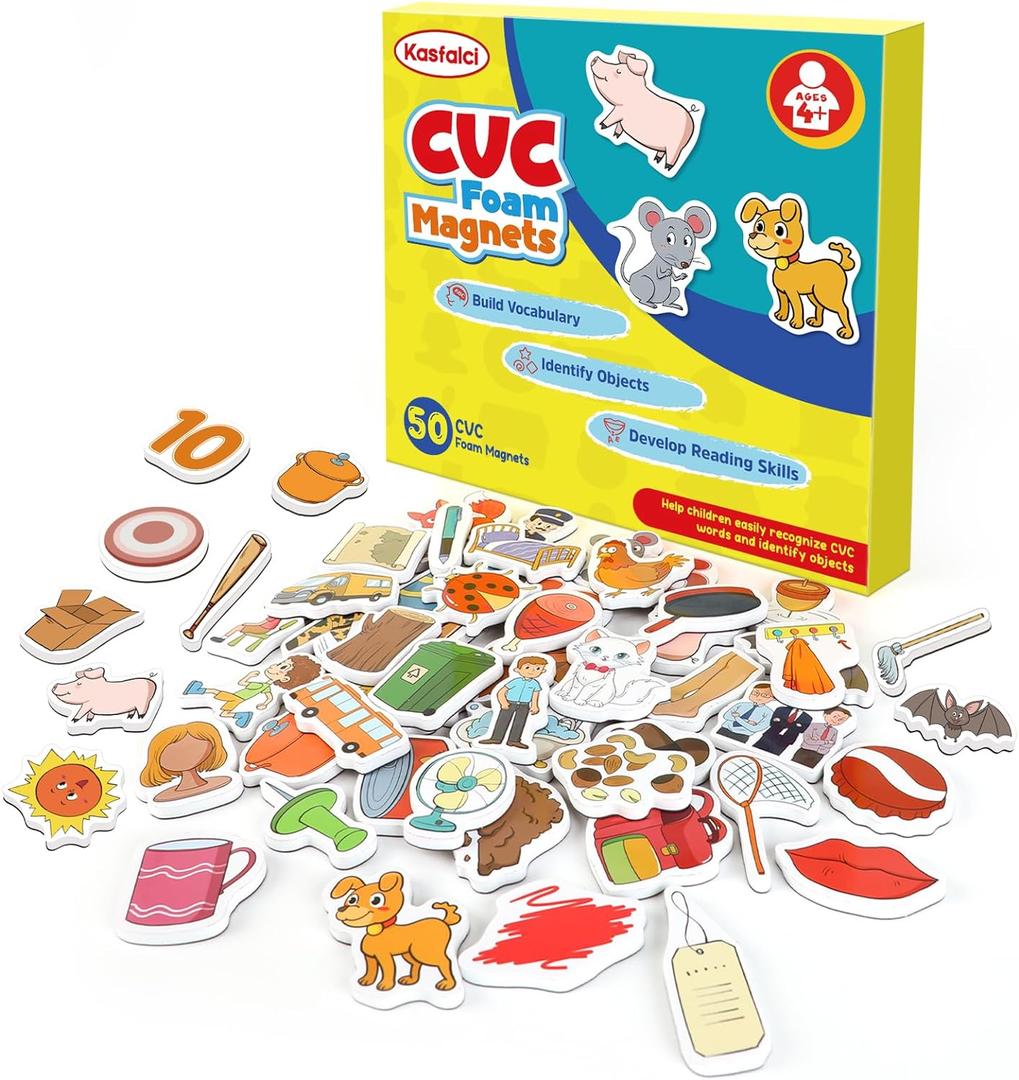 Kasfalci CVC Word Games,50 Magnetic Foam Objects,Fridge Magnets for Kids,Speech Therapy Toys for Toddler,Learn to Read Spelling Reading Learning Phonics for Preschool Kindergarten Classroom Supplies