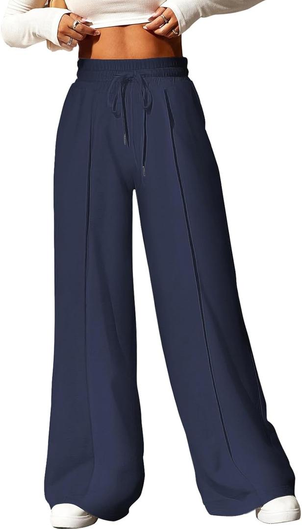 Aleumdr Women's High Waisted Drawstring Waist Wide Leg Sweatpants with Pockets Casual Loose Yoga Pants (Large, Blue)