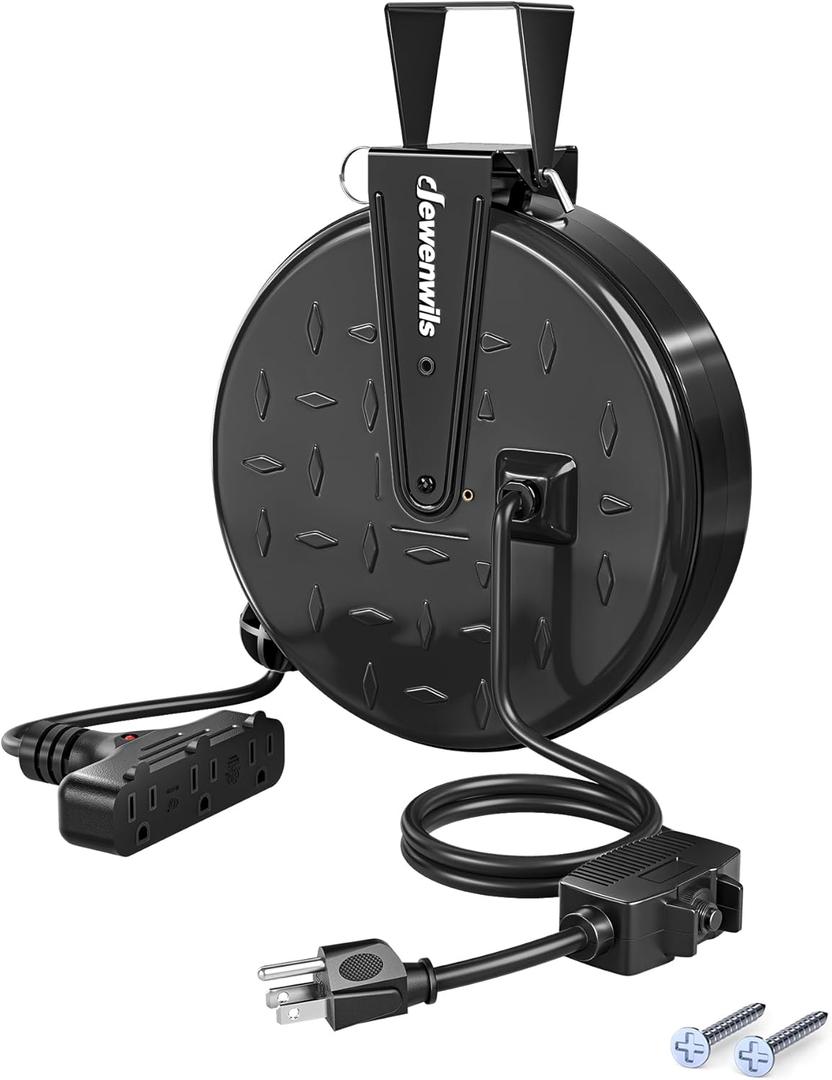 DEWENWILS 30 Ft Retractable Extension Cord Reel, Ceiling/Wall Mount 16/3 Gauge SJTW Power Cord with 3 Electrical Outlets Pigtail for Garage and Shop, 10 Amp Circuit Breaker, Metal Plate, UL Listed