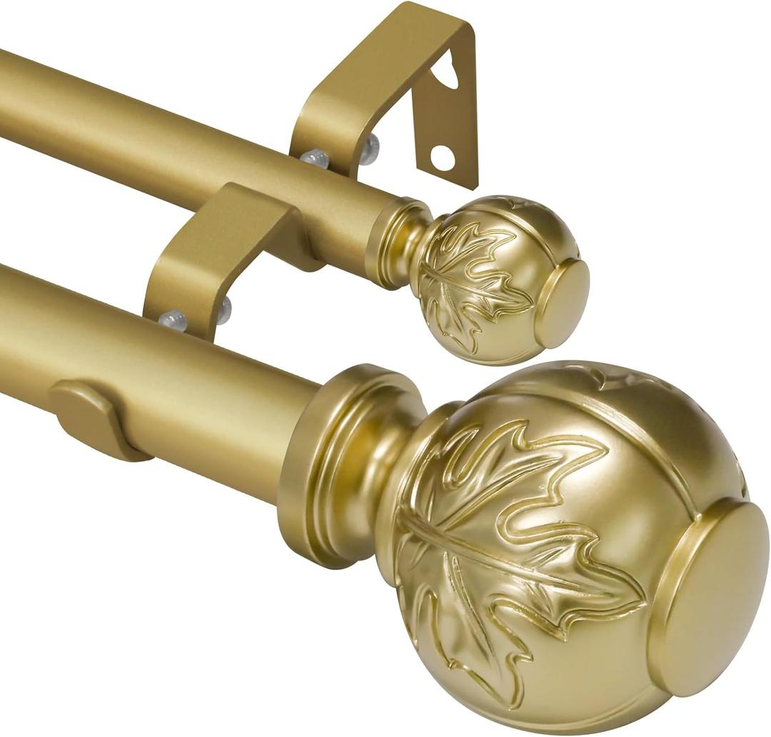Heavy Duty Adjustable Double Curtain Rod for Windows 28 to 48 Inches 1 Inch Diameter Decorative Rods with Maple leaf Finials & Sturdy Brackets for Living Room, Bedroom Easy to Install, Warm Gold