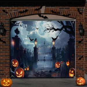 Preboun Halloween Garage Door Banner Large Hanging Backdrop Door Cover Halloween Garage Wall Decorations for Outdoor Holiday (7 x 8 ft)