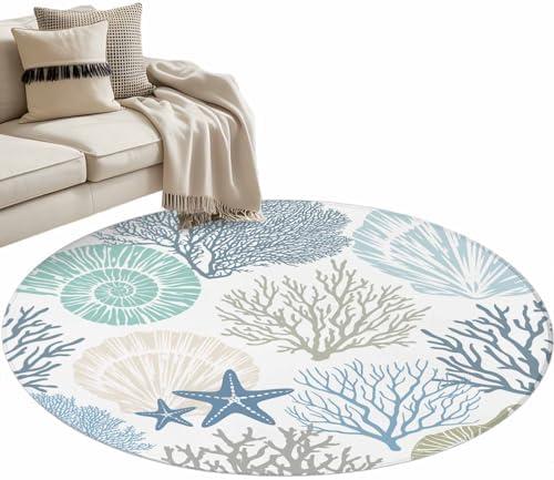 Round Area Rug 3ft Nautical Coastal Ocean Coral Floor Carpets Washable Indoor Floor Area Mat Stain-Proof Mat Non-Skid Rugs for Living Room Dining Kitchen Bedroom Nursery, Beach Themed Blue Teal Rug