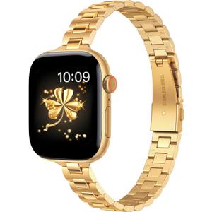 WFEAGL Slim Metal Watch Band Compatible with Apple Watch 38mm 40mm 41mm 42mm(Series 10), Dressy Stainless Steel Strap for Women iWatch Bands Series10/9/8/7/6/5/4/3/2/1/SE (Gold)