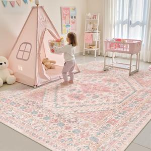 zesthome 7x9 Washable Rugs for Baby Girl, Super Soft Pink Rugs for Nursery Room, Non-Slip Stain Resistant Bedroom Rug, Ultra-Thin Large Area Rug (Pink/Blue,7'x9')