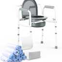 3 in 1 Bedside Commode with Arms 350 lbs + 50 Pack Commode Liners with Super Absorbent Pads, Adults Commode Chair 6QT Bucket with Lid Included, Easy Cleaning, Tool-Free Assembly