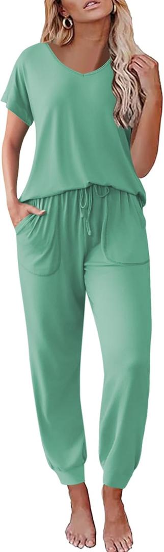 Ekouaer Pajama Sets for Women 2 Piece Lounge Sets Short Sleeve Pullover Top and Jogger Pants Pjs Sleepwear Tracksuit S-XXL (Gray Green)