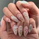 3D Flower Press On Nails Almond Shape  Medium Length Glossy Nude Pink Fake Nails with Pearls & Gold Details, Acrylic Reusable Stick On Nails for Women, Elegant Floral False Nails for Wedding Party (2-Dreamy Flower Shadow)