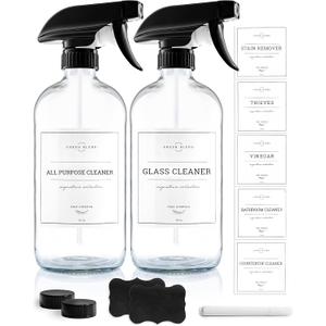 Vine Creations Glass Spray Bottles, 2 Pack Refillable Spray Bottles for Cleaning Solutions, Plant Misters, Clear Glass Spray Bottle for hair, 16 oz Mister Spray Bottle with Waterproof Labels