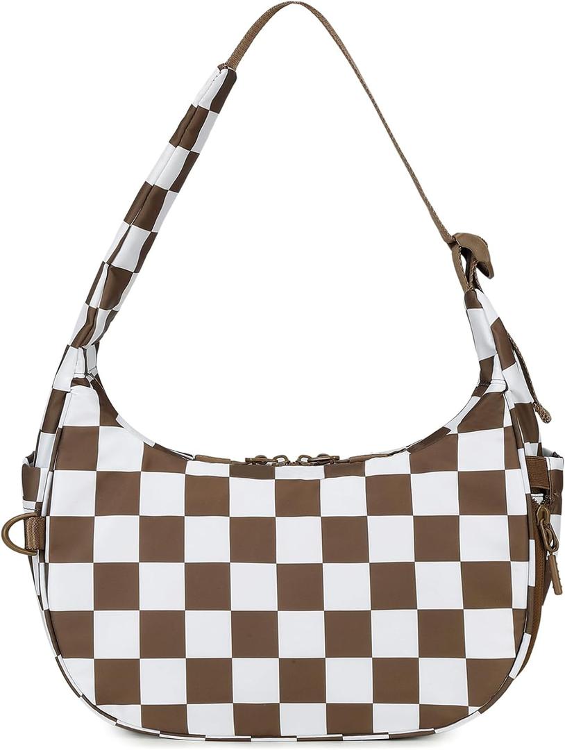 FODOKO Crescent Shoulder Bag for Women Checkered Purse Small Cute Clutch Hobo Handbags Nylon Quilted