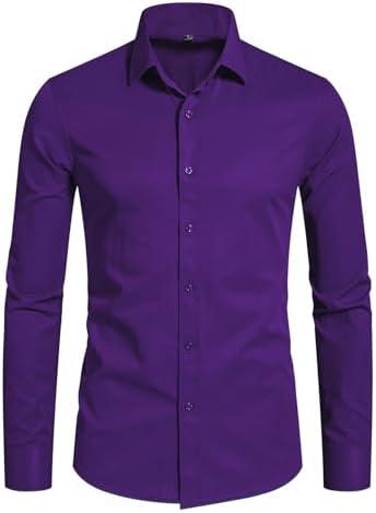 DELCARINO Men's Long Sleeve Button Up Shirts Solid Slim Fit Casual Business Formal Dress Shirt, 2-XL