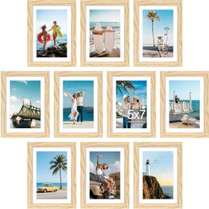 decorUhome 5x7 Picture Frame Set of 10, Display Photos 4x6 with Mat or 5x7 Unmatted for Picture Frames Collage Wall Decor, Natural