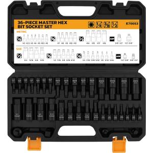36-Piece One-Piece Hex Bit Socket Set includes Socket Adapter, 1/4", 3/8", 1/2", Cr-V Steel, SAE and Metric Set, Reinforced Storage Case, Automotive Mechanic Professional Master Tool Set
