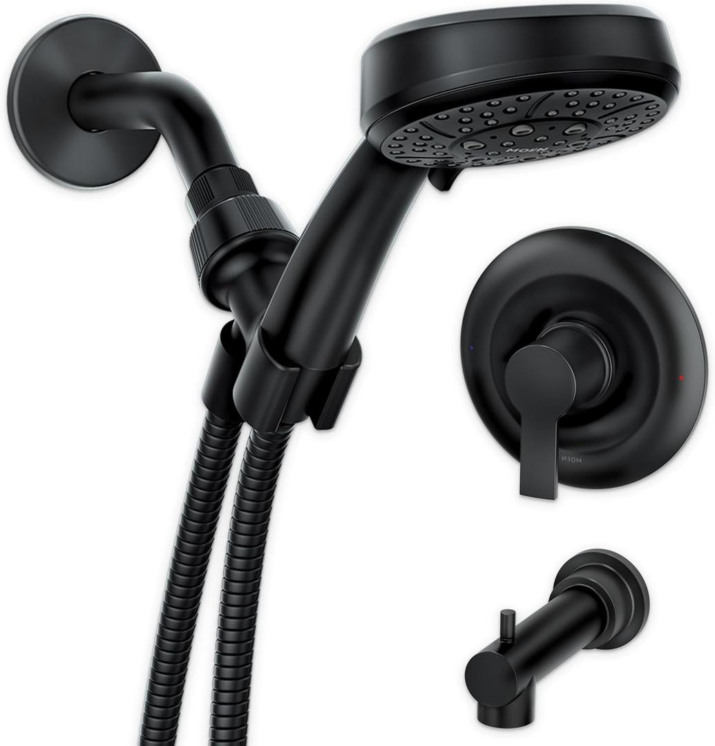 Moen Meena Matte Black Single Handle Modern Shower Faucet Set with Handshower and Tub Spout for Bathtub, Valve Included, 82618BL
