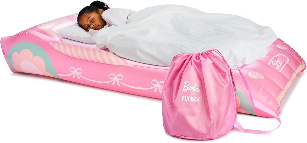 FUNBOY Barbie Kids Twin Size Sleepover Travel Bed Inflatable Air Mattress, Portable Floor Blow Up Bed with Carrying Storage Bag, Perfect for Camping & Home Use