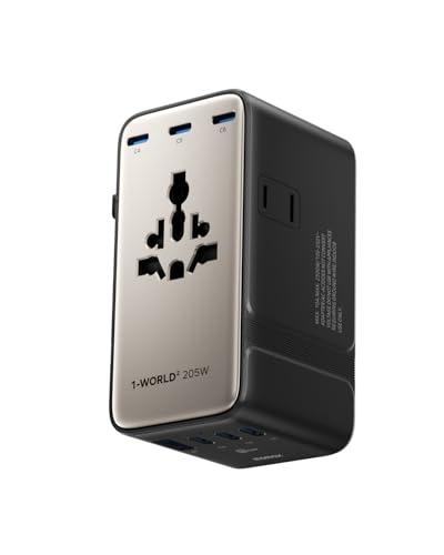 Momax 9-in-1 High-Power Universal Travel Adapter, 205W GaN Worldwide Charging Hub with 6 USB-C & 1 USB-A, AC Outlet, Type A/C/G/I Plugs for 200+ Countries, Safe for Laptops, Phones, Cruise Ready