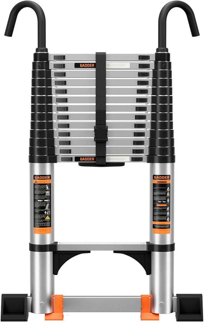 Telescoping Ladder,12.5FT Aluminum Multi-Purpose Collapsible Ladder with Stabilizers and Hooks,Jiashche Portable Extension Ladder for RV or Outdoor Work Silver,330lb Max Capacity