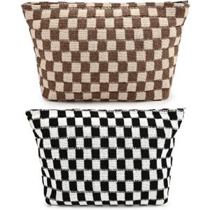 SOIDRAM 2 Pieces Makeup Bag Large Checkered Cosmetic Bag Capacity Canvas Travel Toiletry Bag Organizer Cute Makeup Brushes Aesthetic Accessories Storage Bag for Women, Checkered L Black Brown