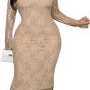 Womens Floral Lace Bodycon Midi Dress Long Sleeve Sexy See Through Mesh Club Party 2 Piece Dress Set (Beige)
