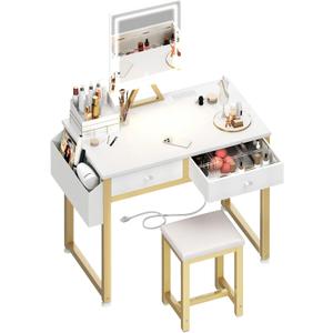 Lufeiya Small Makeup Vanity Desk with Mirror and Light, 32 inch White Vanity Desks Sets with Fabric Drawers for Girls Teen, Dressing Table and Chair Set with Power Outlet for Bedroom, White Gold, 31.5"