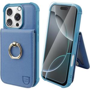 VANAVAGY Compatible for iPhone 16 Pro Max Wallet Case with Credit Card Holder Coin Pocket [360 Rotation Ring Kickstand], PU Leather Magnetic Clasp Flip Phone Cover for Women Men 6.9 Inch,Blue