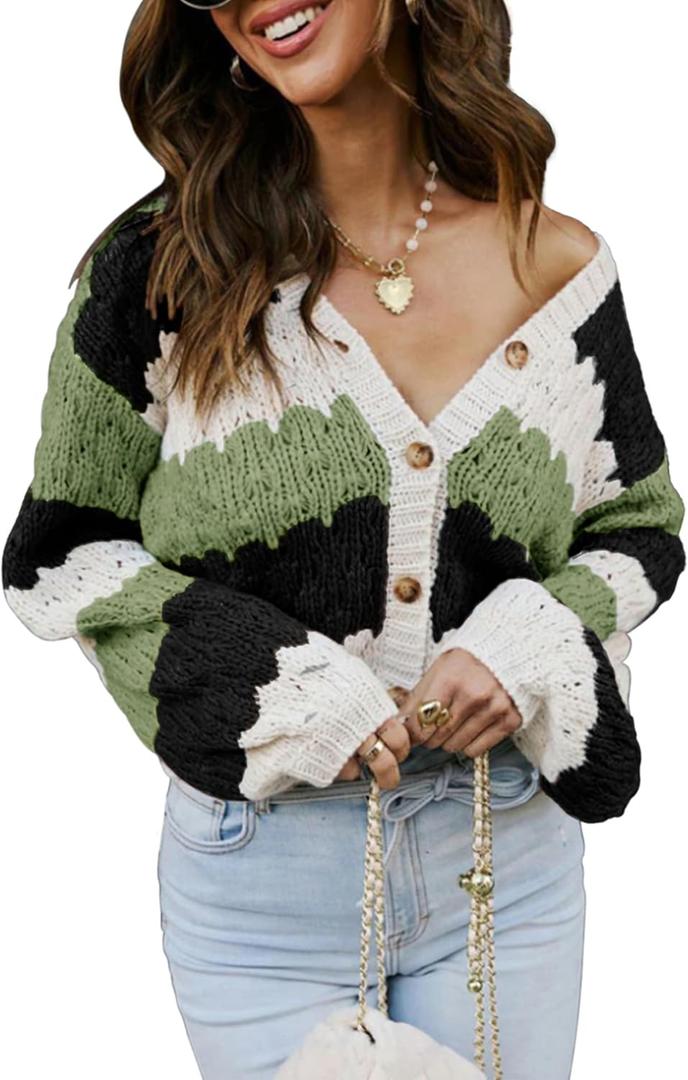 ECOWISH Women's Cropped Cardigan Sweaters 2025 Fall Striped Color Block Long Sleeve Button Up Knit Sweater Y2k Coats (Large, Army Green)