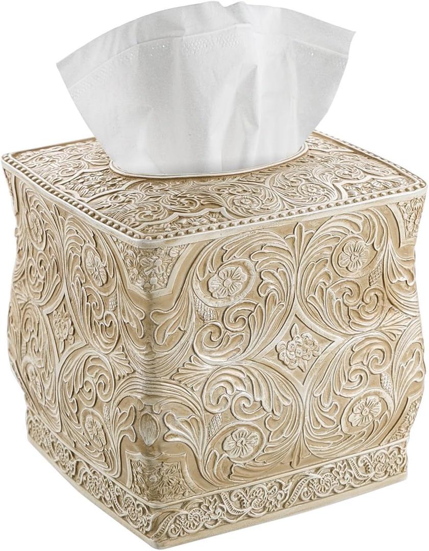 Creative Scents Victoria Tissue Box Cover Square  Beige Tissue Holder for Bathroom - Decorative Tissue Box Holder with Durable Bottom Slider - Boho Bathroom Decor