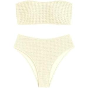 ZAFUL Women's High Cut Bandeau Bikini Set Strapless Solid Color 2 Pieces Bathing Suit Swimsuit (Medium, 7-beige)