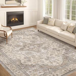 EIEIHOUSE Washable Area Rugs for Living Room - 10x14 Neutral Vintage Distressed Floral Farmhouse Boho Large Soft Floor Rug Indoor Non Slip Carpet for Bedroom Dining Room Office - Brown/Multi