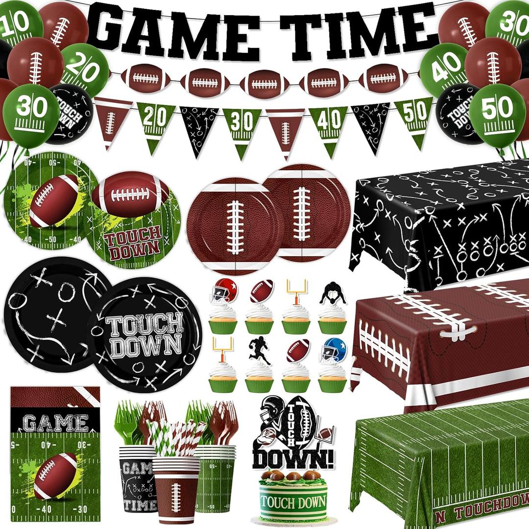 Football Party Supplies Kit Serve 24, Football Party Decorations Include Football Plates Napkins Cups Tablecloth Banner Balloon and Cake Topper for Birthday Game Day Tailgate Decor