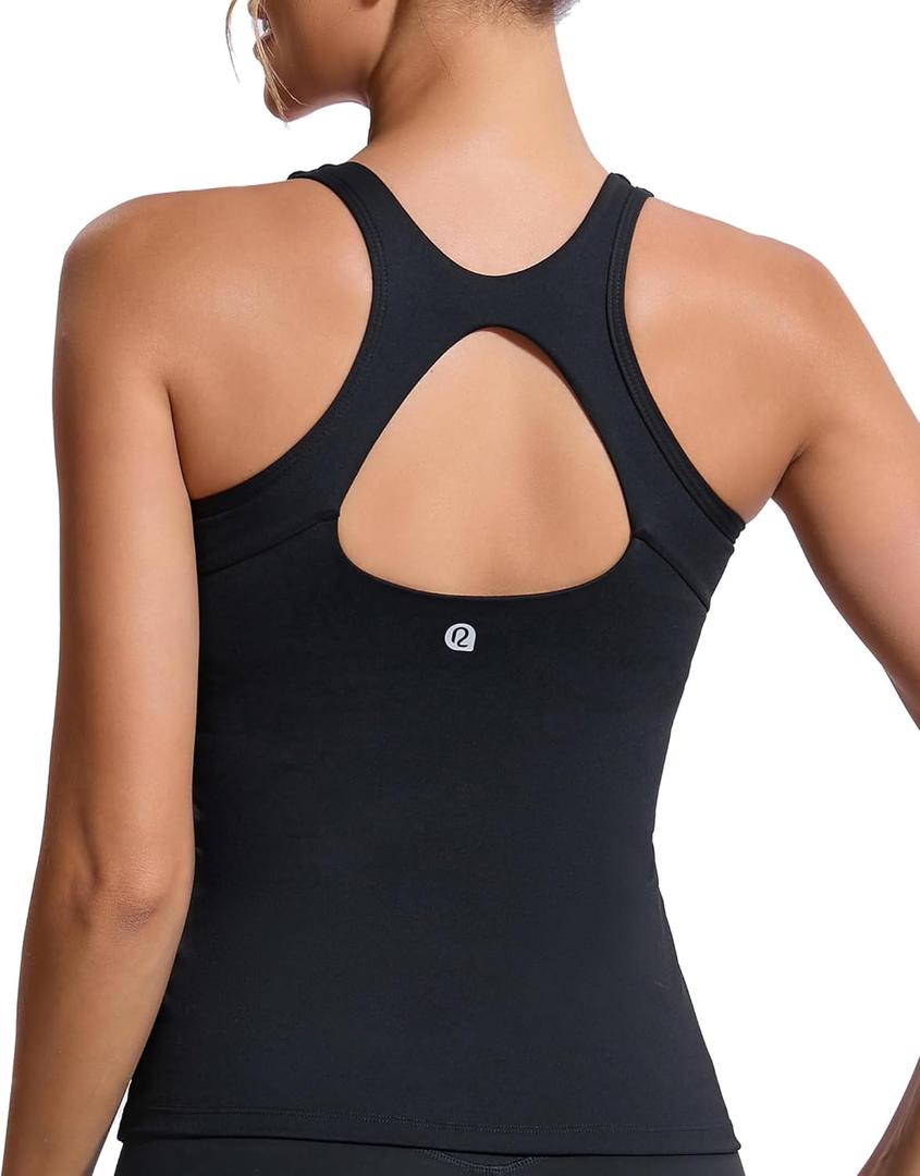 RUNNING GIRL Workout Tank Tops with Built in Bras for Women,Compression Shirt Strappy Back Athletic Yoga Tops (Black, M)