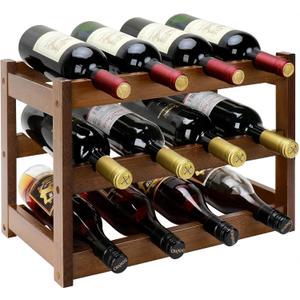 Bamboo Wine Rack, 3-Tier 12 Bottles Wine Storage Cabinet Shelf, Easy-Assembly Freestanding Bamboo Wine Racks Countertop for Kitchen Pantry Dining Room Bar, Walnut (11.81 in)