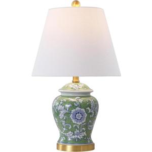 JONATHAN Y 22" Green/White Ceramic Table Lamp, French Country Chinoiserie Ginger Jar LED Bedside Lamp for Living Room Bedroom, White Linen Shade (JYL3005E) (Set of 1)