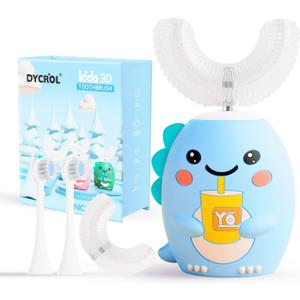 DYCROL Kids U Shaped Electric Toothbrush with 4 Brush Heads, Sonic Toothbrush Kids with 5 Modes, Cartoon Dinosaur 360-Degree Cleaning IPX7 Waterproof Design (6-12 Age (Blue))