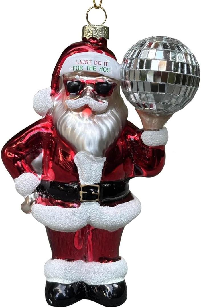 5.7" HolyHaHa Vintage Retro Party Santa I Just Do It for The Hos Glass Blown Christmas Ornament, Holiday Decoration with Disco Ball & Sunglasses