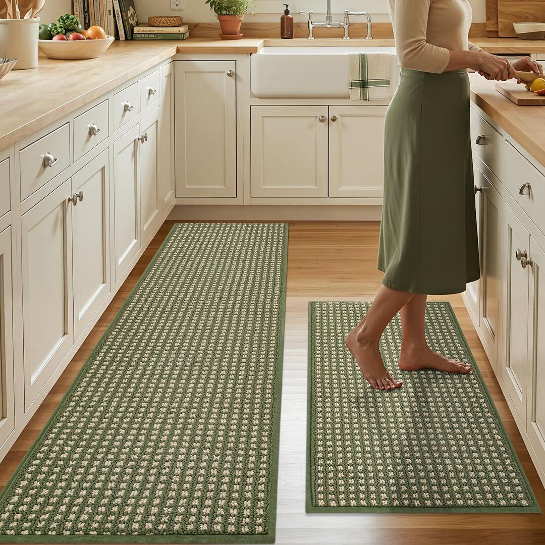 Kitchen Rugs, Non Slip Absorbent Kitchen Mats for Floor-Thick Stain Resistant Washable Kitchen Floor Mat Runner Carpet for Hallways, Entryway, Laundry Room, Sink(17"x29"+17"x59", Green, Roll Package)