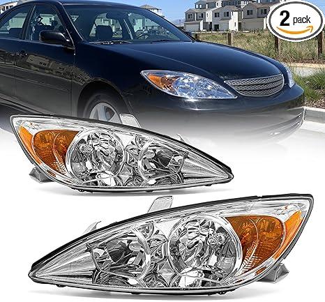 AS Headlight Assembly Compatible with 2002 2003 2004 TOYOTA CAMRY Headlight Chrome Housing Amber Reflector Clear Lens Driver and Passenger Side Pair Not Fit Solora Models