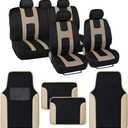 BDK CarXS Beige Car Seat Covers Full Set with Matching Set of Floor Mats for SUV & Truck Truck Front Seats & Rear Bench Cover Seats Protector Car Mats Full Set Interior Seat Covers