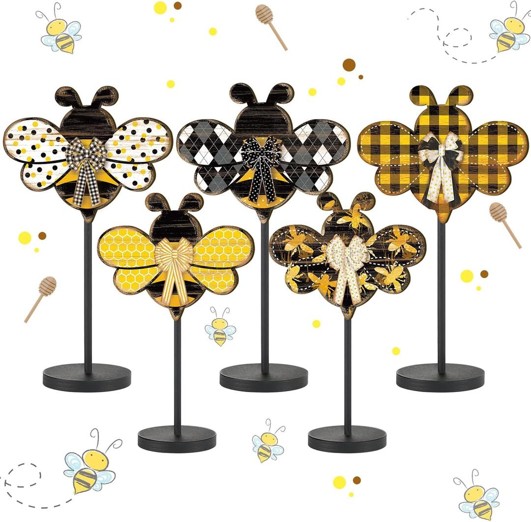 Yousoontic 5 Pcs Summer Wooden Tabletop Decor Freestanding Wood Table Sign Summer Decorations for Home Rustic Tabletop Centerpiece Standing Block Decorations for Farmhouse Office (Bee)
