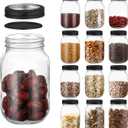 Novelinks 32 OZ Clear Plastic Mason Jars with Airtight Lids - Mason Jars for Kitchen & Household Storage (12 PACK, Black)