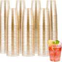 JOLLY CHEF 200 Pack 10 oz Gold Plastic Cups, Disposable Gold Glitter Plastic Cups, Clear Tumblers for Weddings Thanksgiving, Christmas Parties