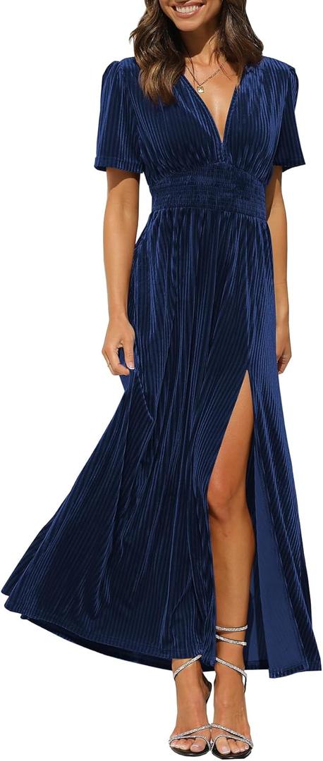 Sissyaki Women's Retro V-Neck Velvet Maxi Dress Wedding Guest Formal Party Long Dresses (Blue, M)