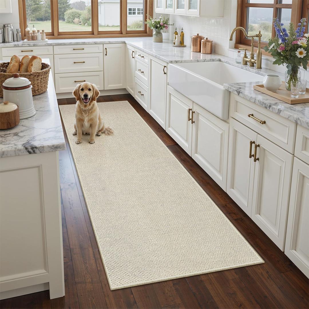 2x8 Runner Rug Non Slip, Washable Runners for Hallways Bedroom, Kitchen Rugs, Beige Floor Carpet with Rubber Backing for Entryway, Bathroom Woven Rug Runner for Bathroom