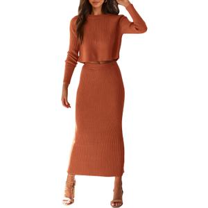 PRETTYGARDEN Women's Fall 2 Piece Sweater Set Rib Knit Long Sleeve Crop Top Maxi Bodycon Skirt Casual Winter Outfits (Caramel, Small)